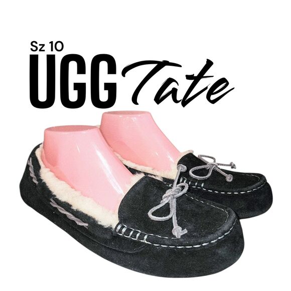 UGG AUSTRALIAN TATE Sz 10 S/N 1010644 Black Suede Shearling Moccasin Loafers - Picture 1 of 13